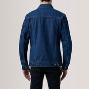 Close-Up Detail of Classic Collar &amp; Heavy-Duty Zipper Hardware on Conard Dark Blue Denim Trucker Jacket For Men
