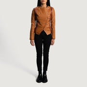 Close-Up Detail of Classic Collar &amp; Button Hardware on Women's County Tan Overlap Leather Jacket