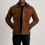 Dallis Brown Suede Shearling Trucker Jacket in Brown Goatskin Suede - Front Profile View &amp; Tailored Silhouette | Buy Online