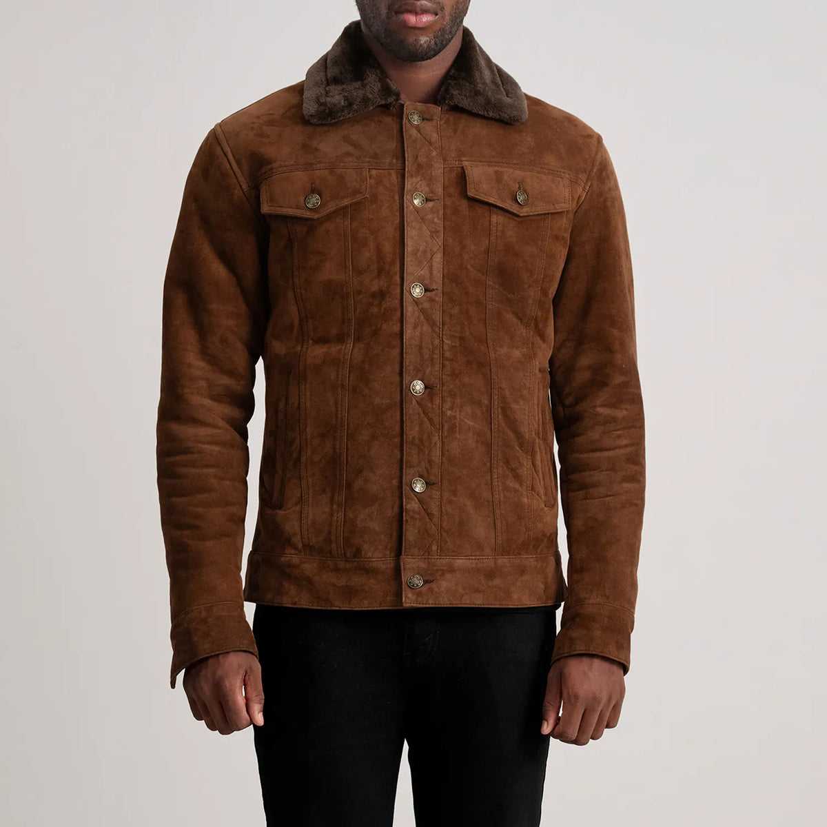 Close-Up Detail of Classic Collar &amp; Button Hardware on Dallis Brown Suede Shearling Trucker Jacket