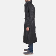 Men's Daniel Black Leather Trench Coat - Lateral Side Profile View Showing Sleeve Cut &amp; Athletic Taper Fit