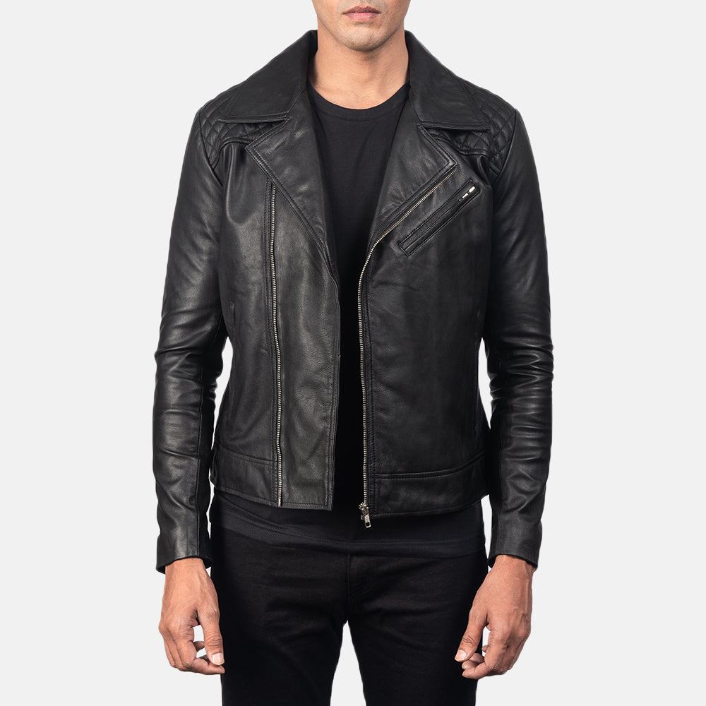 Men's Danny Quilted Brown Leather Biker Jacket in Distressed Brown Goatskin Leather - Front Profile View & Tailored Silhouette | Buy Online