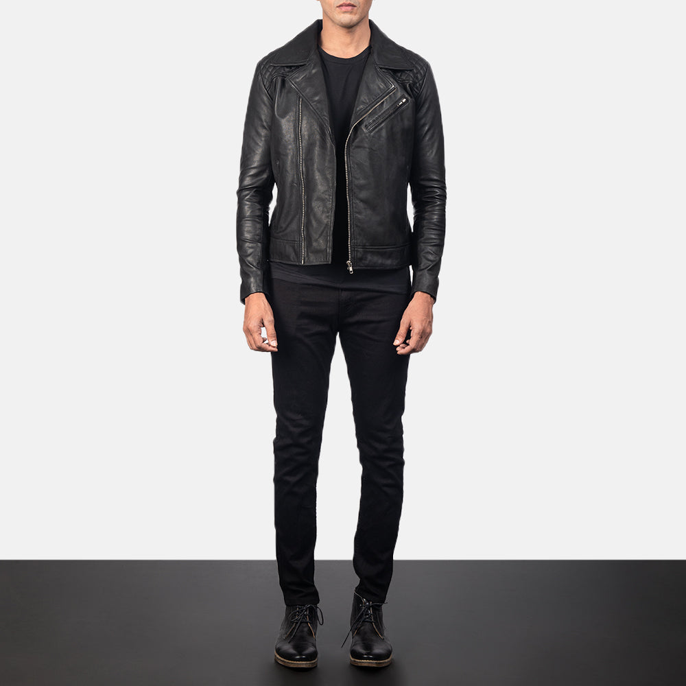 Close-Up Detail of Notch & Zipper Hardware on Men's Danny Quilted Brown Leather Biker Jacket