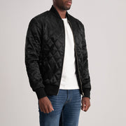 
Danson Quilted Black Varsity Jacket - Lateral Side Profile View Showing Sleeve Cut & Athletic Taper Fit