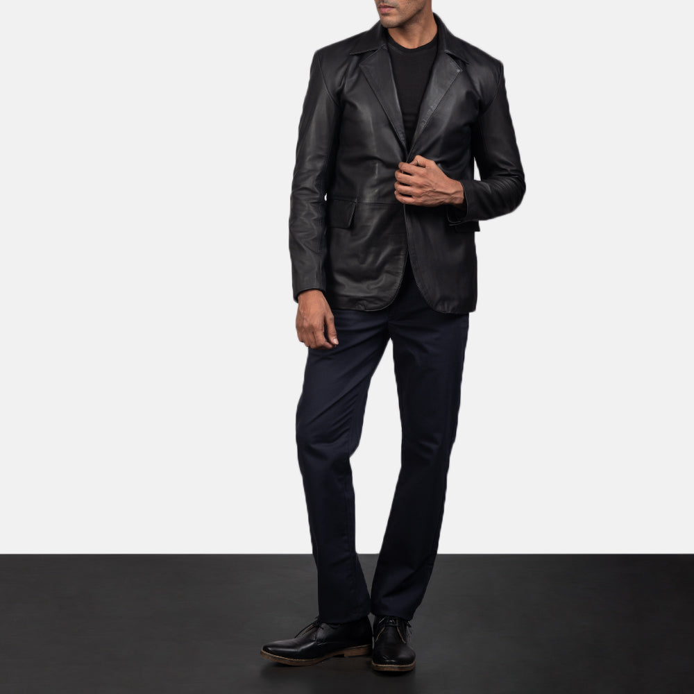 Men's Daron Black Leather Blazer - Lateral Side Profile View Showing Sleeve Cut &amp; Athletic Taper Fit