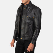 Black 100% Full-Grain Leather Biker Jacket - Back View Showing Tailored Shoulder Fit &amp; Clean Hemline
