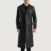 Delmar Black Leather Double Breasted Coat in Black Cowhide Leather - Front Profile View &amp; Tailored Silhouette | Buy Online