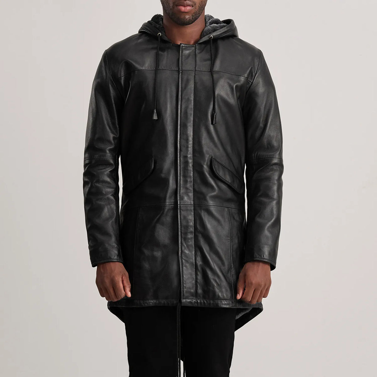 
Close-Up Detail of Hooded & Zipper with Placket Hardware on Delvin Tan Leather Parka
