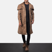 Men's Deux Brown Leather Duster in Distressed Brown Semi-Aniline Snuffed - Front Profile View &amp; Tailored Silhouette | Buy Online