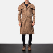 Close-Up Detail of Classic Collar &amp; Buttons + Belt Hardware on Men's Deux Brown Leather Duster
