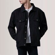 
Eddie Black Oversized Denim Trucker Jacket For Men in Black Full-Grain Leather - Front Profile View & Tailored Silhouette | Buy Online