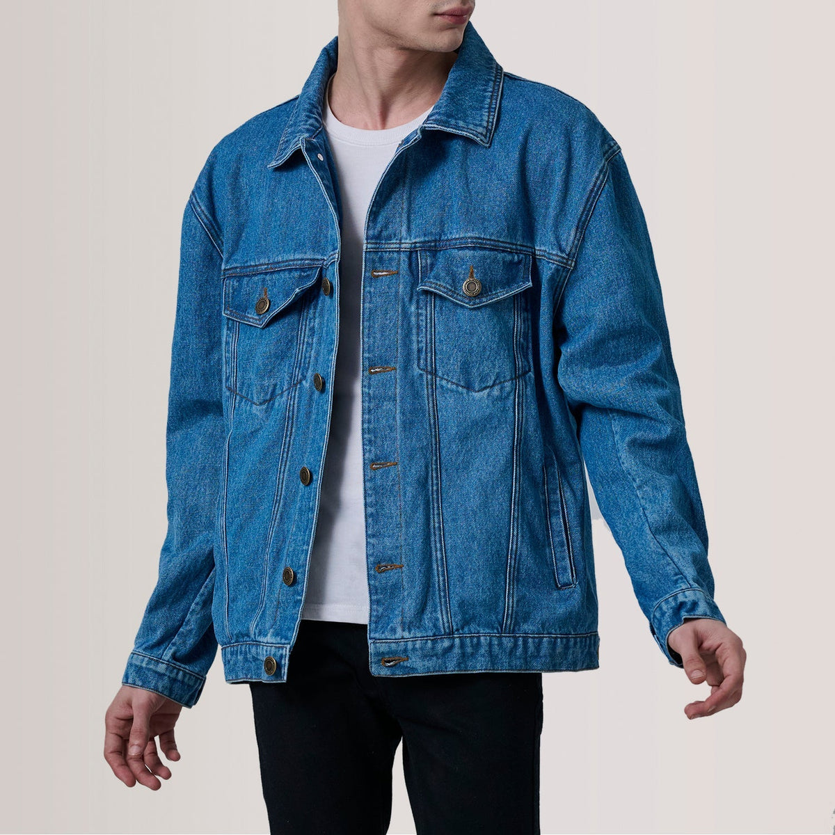 
Eddie Dark Blue Oversized Denim Trucker Jacket For Men in Dark Blue Full-Grain Leather - Front Profile View & Tailored Silhouette | Buy Online