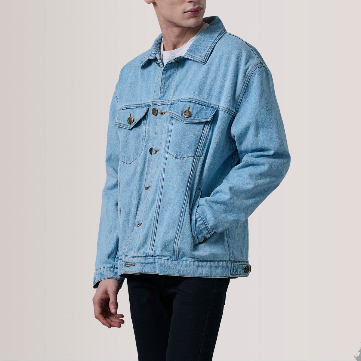 Eddie Light Blue Oversized Denim Trucker Jacket For Men - Lateral Side Profile View Showing Sleeve Cut &amp; Athletic Taper Fit