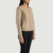 Beige Sheepskin Leather Biker Jacket - Back View Showing Tailored Shoulder Fit &amp; Clean Hemline