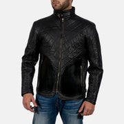 Equilibrium Black Leather Jacket in Black Sheepskin Leather - Front Profile View &amp; Tailored Silhouette | Buy Online