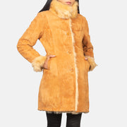
Close-Up Detail of Notch & Button Hardware on Women's Erica Beige Leather Coat