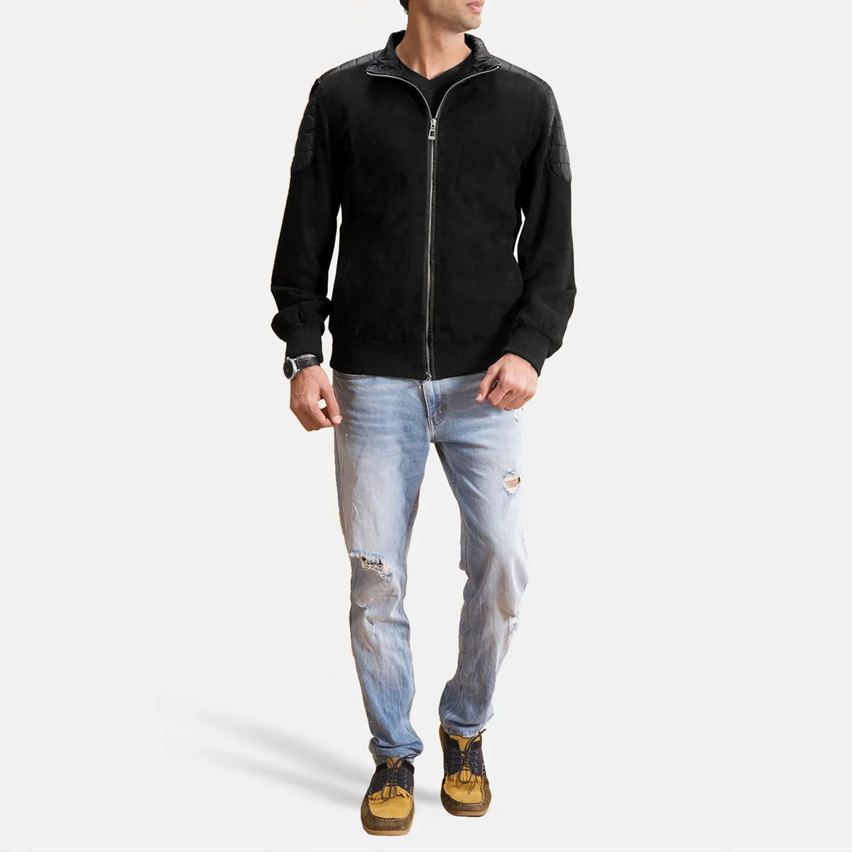 
Men's Ethan Hybrid Suede Bomber Jacket - Lateral Side Profile View Showing Sleeve Cut & Athletic Taper Fit