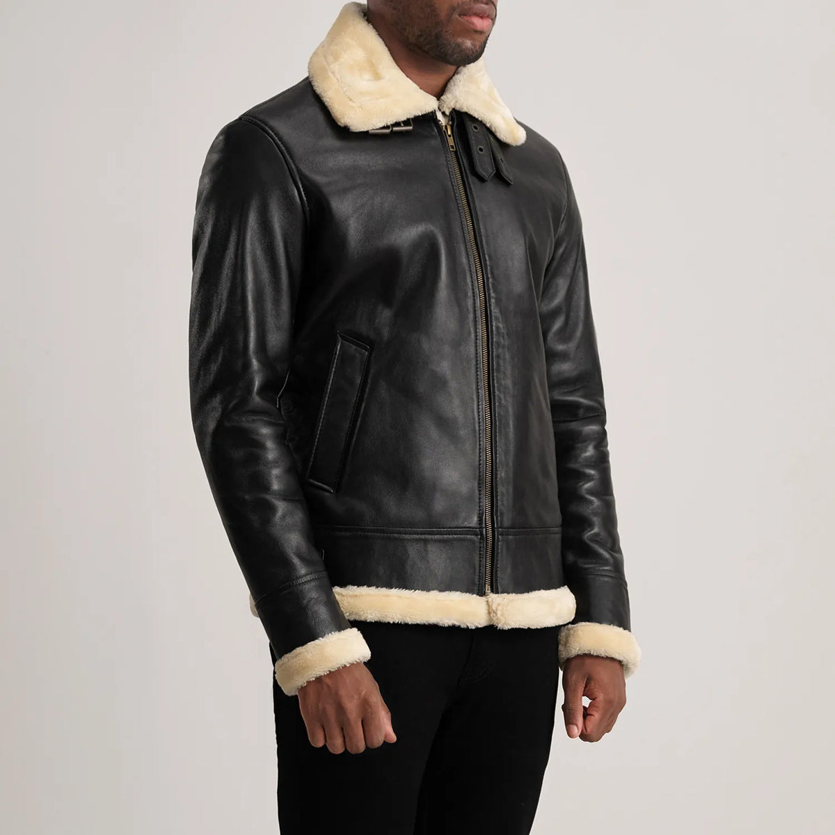 
Black Sheepskin Leather Bomber Jacket - Back View Showing Tailored Shoulder Fit & Clean Hemline
