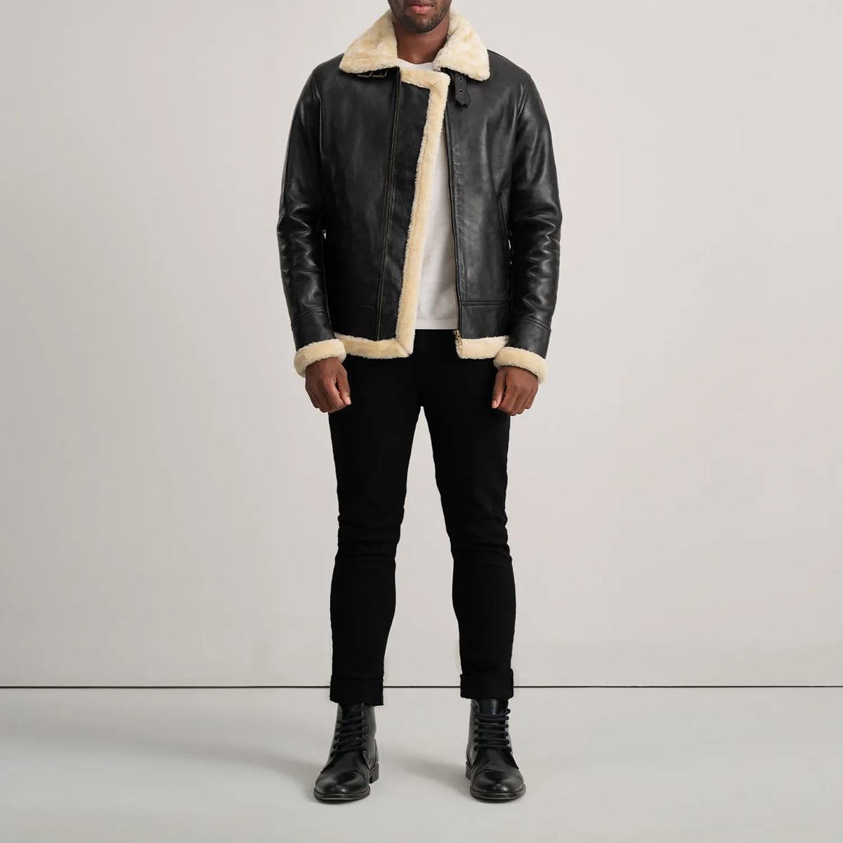 
Men's Francis B-3 Black Leather Bomber Jacket - Lateral Side Profile View Showing Sleeve Cut & Athletic Taper Fit