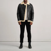 
Men's Francis B-3 Black Leather Bomber Jacket - Lateral Side Profile View Showing Sleeve Cut & Athletic Taper Fit