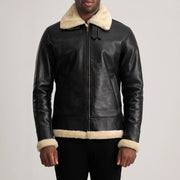 
Close-Up Detail of Buckled Collar & Zipper Hardware on Men's Francis B-3 Black Leather Bomber Jacket
