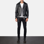 
Men's Furton Black Leather Biker Jacket - Lateral Side Profile View Showing Sleeve Cut & Athletic Taper Fit