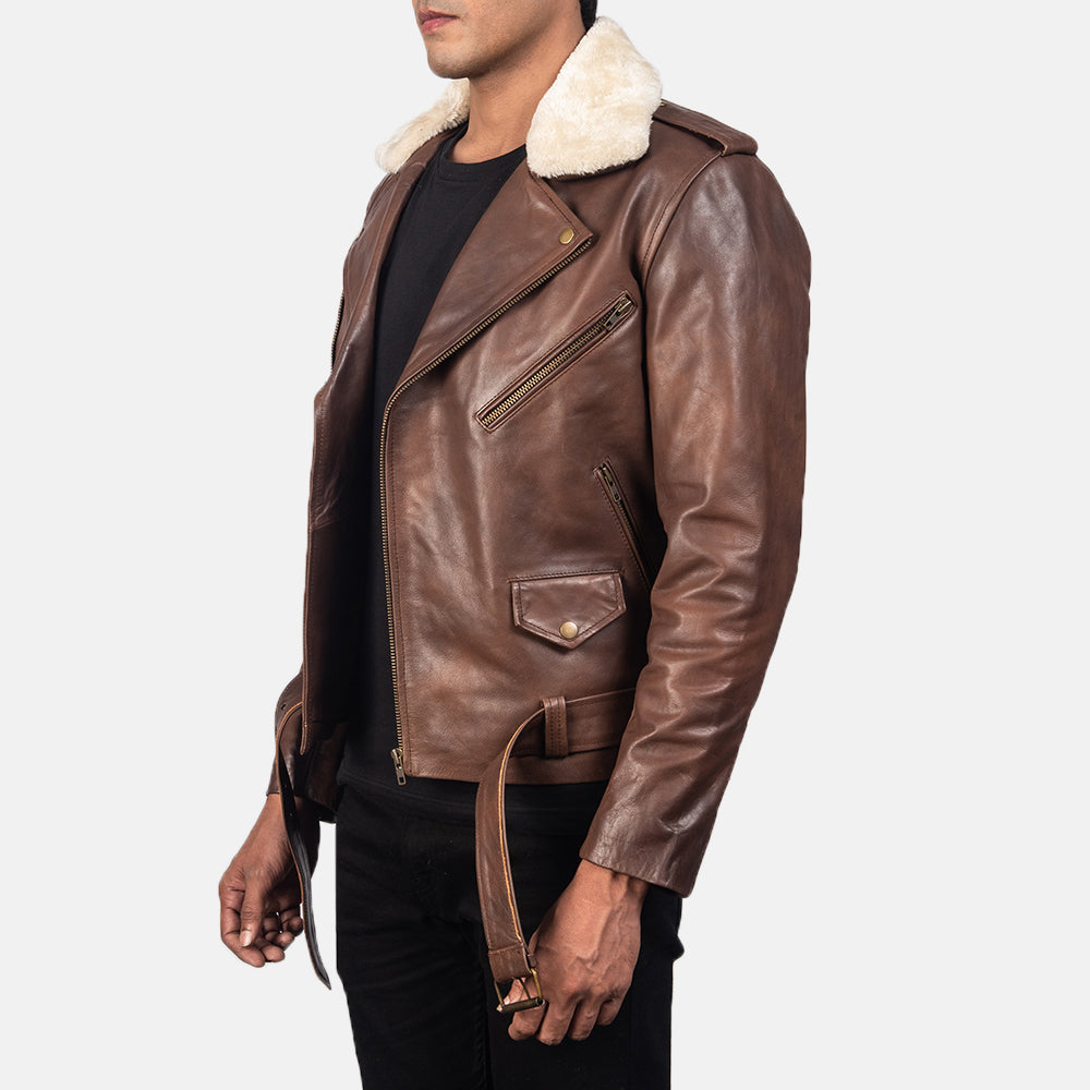 
Styled Fit Perspective of Men's Furton Black Leather Biker Jacket on Model - Natural Daylight Drape