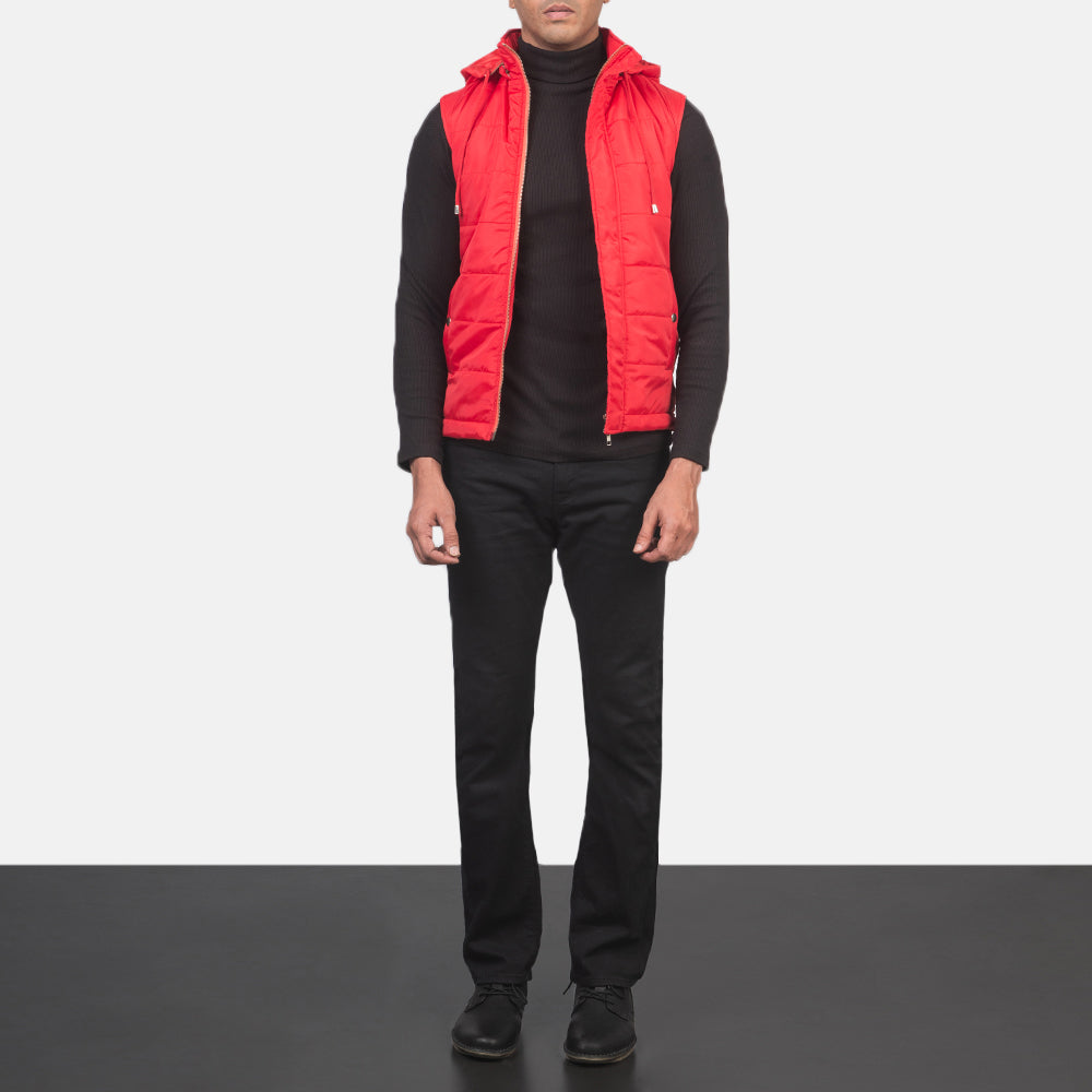 
Men's Fuston Red Hooded Puffer Vest - Lateral Side Profile View Showing Sleeve Cut & Athletic Taper Fit