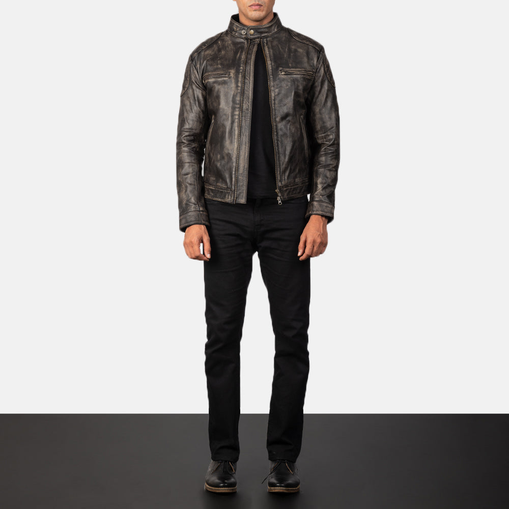 
Close-Up Detail of Band with snap buttons & Zipper Hardware on Men's Gatsby Quilted Distressed Brown Leather Jacket