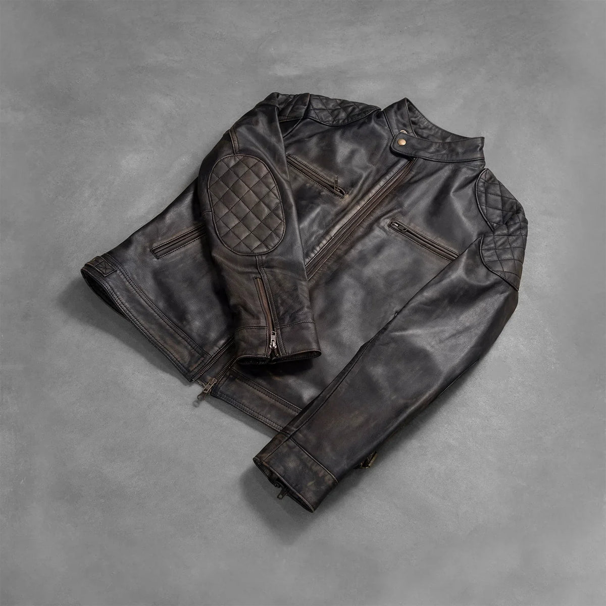 
Styled Fit Perspective of Men's Gatsby Quilted Distressed Brown Leather Jacket on Model - Natural Daylight Drape