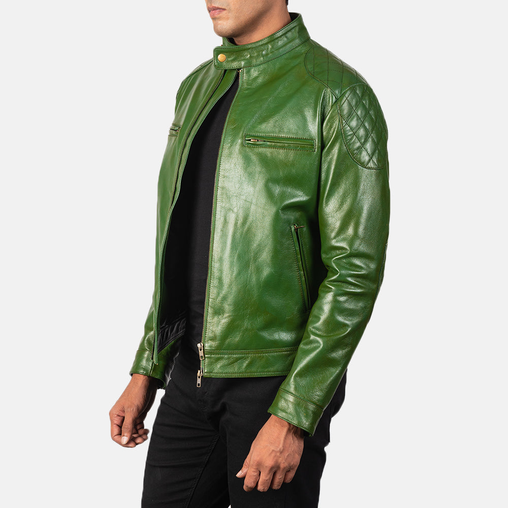 
Green Sheepskin Burnishing Biker Jacket - Back View Showing Tailored Shoulder Fit & Clean Hemline