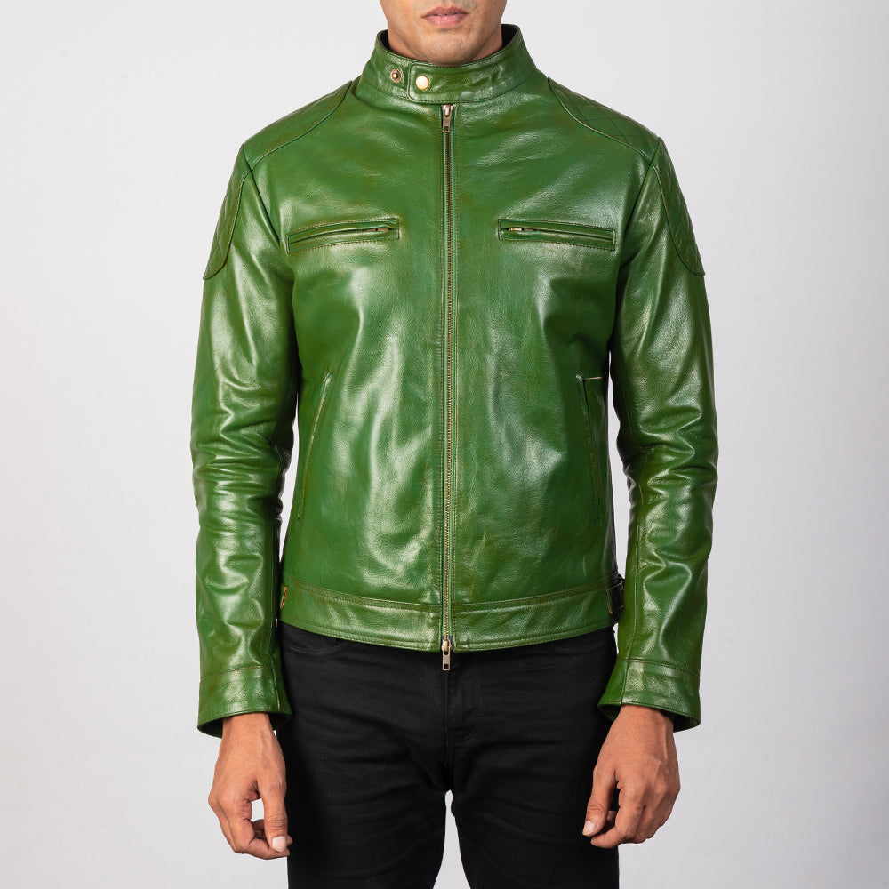 
Men's Gatsby Quilted Green Leather Biker Jacket - Lateral Side Profile View Showing Sleeve Cut & Athletic Taper Fit