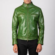 
Men's Gatsby Quilted Green Leather Biker Jacket - Lateral Side Profile View Showing Sleeve Cut & Athletic Taper Fit