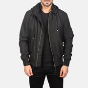 Men's Hanklin Ma-1 Black Hooded Bomber Jacket in Black Polyester - Front Profile View &amp; Tailored Silhouette | Buy Online