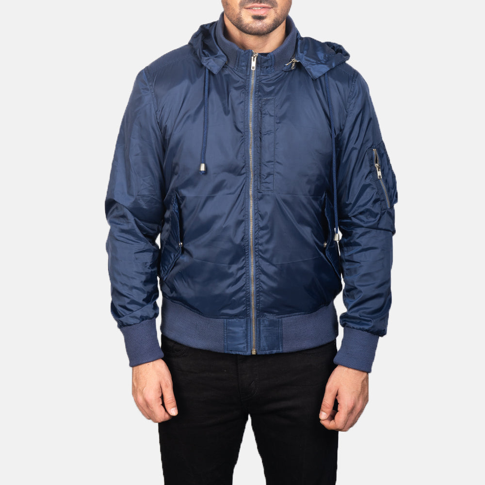 
Close-Up Detail of Knit Rib with Removable Nylon Hood & Zipper Hardware on Men's Blue Hooded Bomber Jacket
