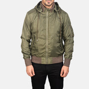 Close-Up Detail of Knit Rib with Removable Nylon Hood &amp; Zipper Hardware on Men's Hanklin Ma-1 Green Hooded Bomber Jacket