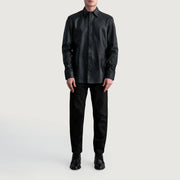 Close-Up Detail of Shirt &amp; Leather Buttons Hardware on Haven Black Leather Shirt