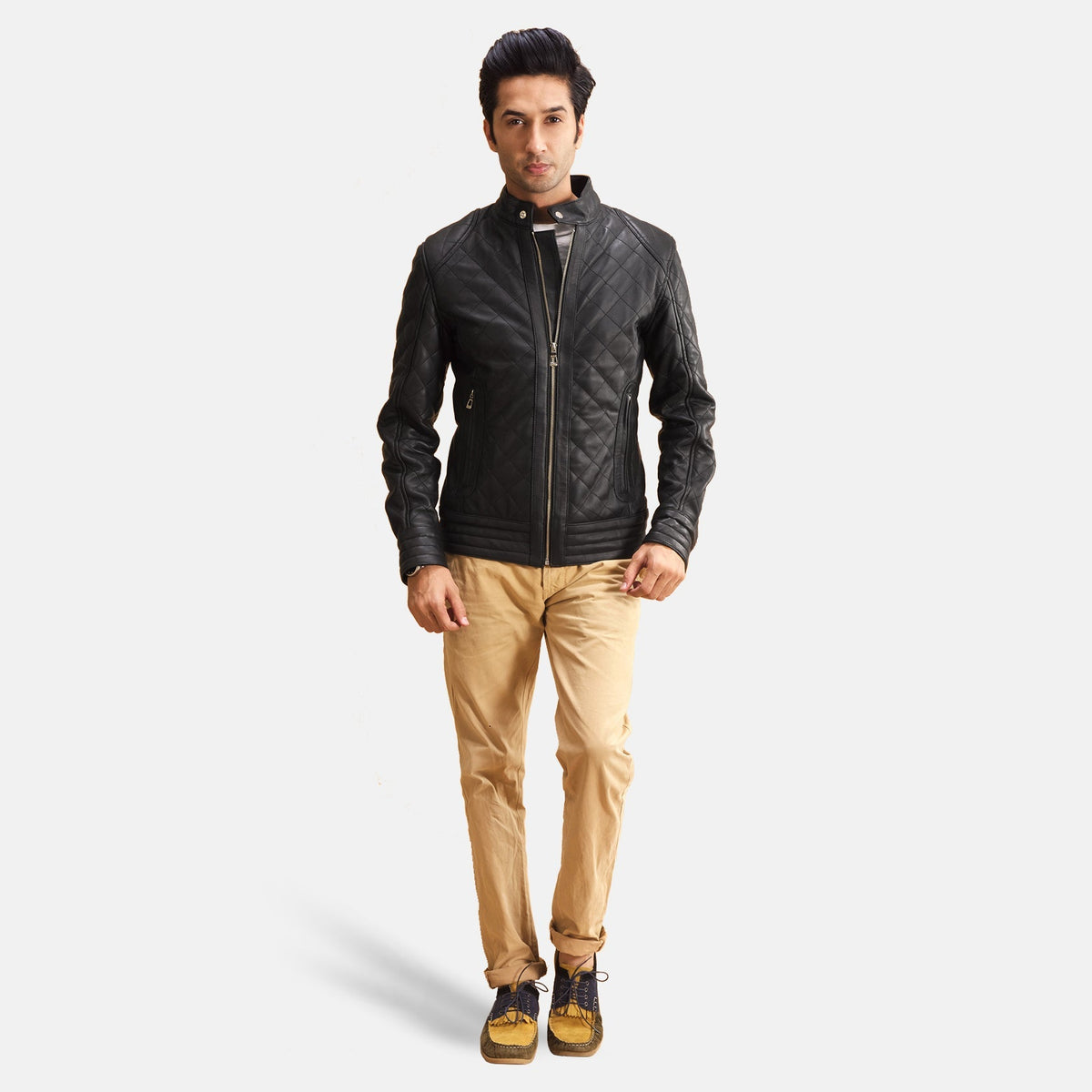 Henry Quilted Black Leather Jacket - Lateral Side Profile View Showing Sleeve Cut &amp; Athletic Taper Fit