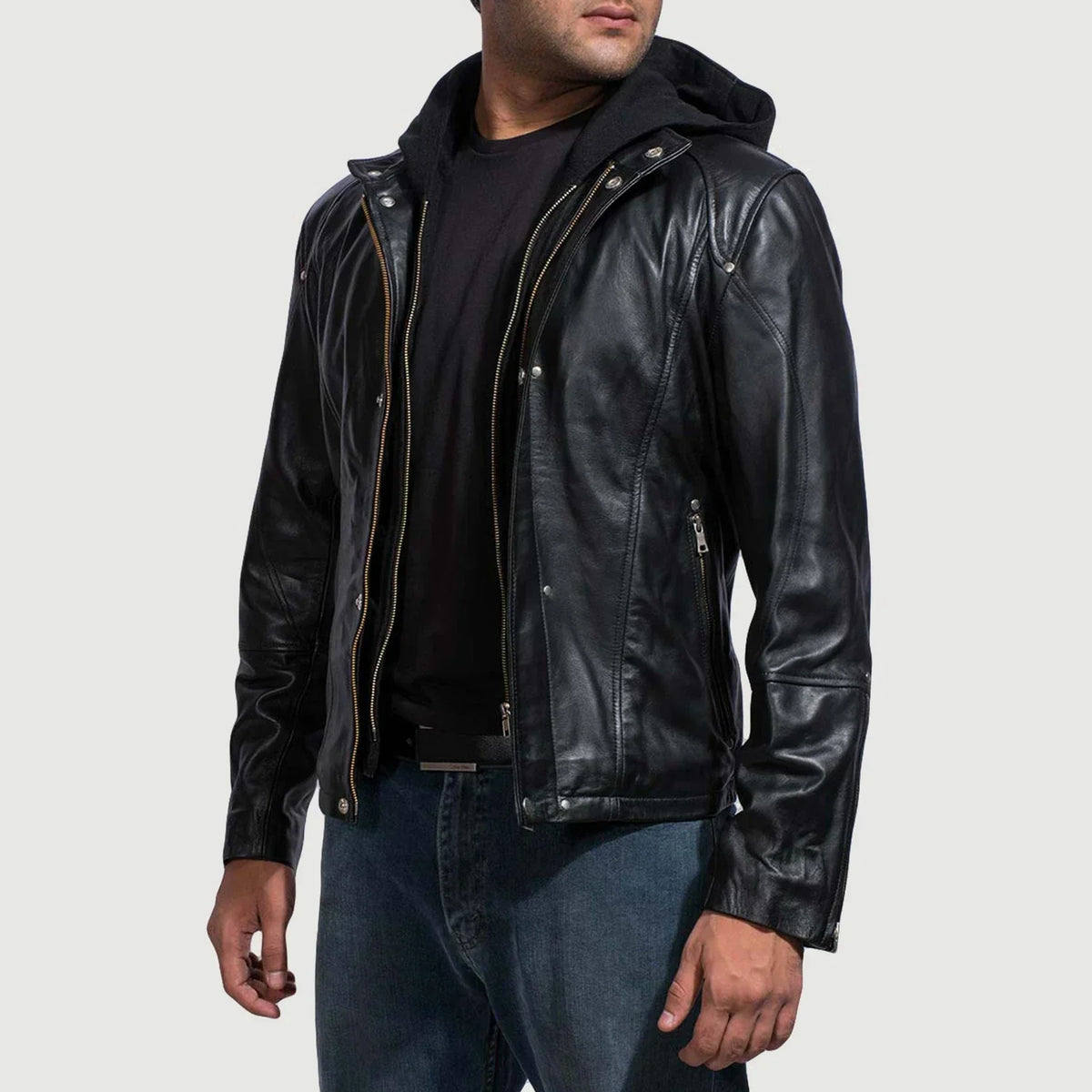 Black Cowhide Leather Hooded Jacket - Back View Showing Tailored Shoulder Fit &amp; Clean Hemline