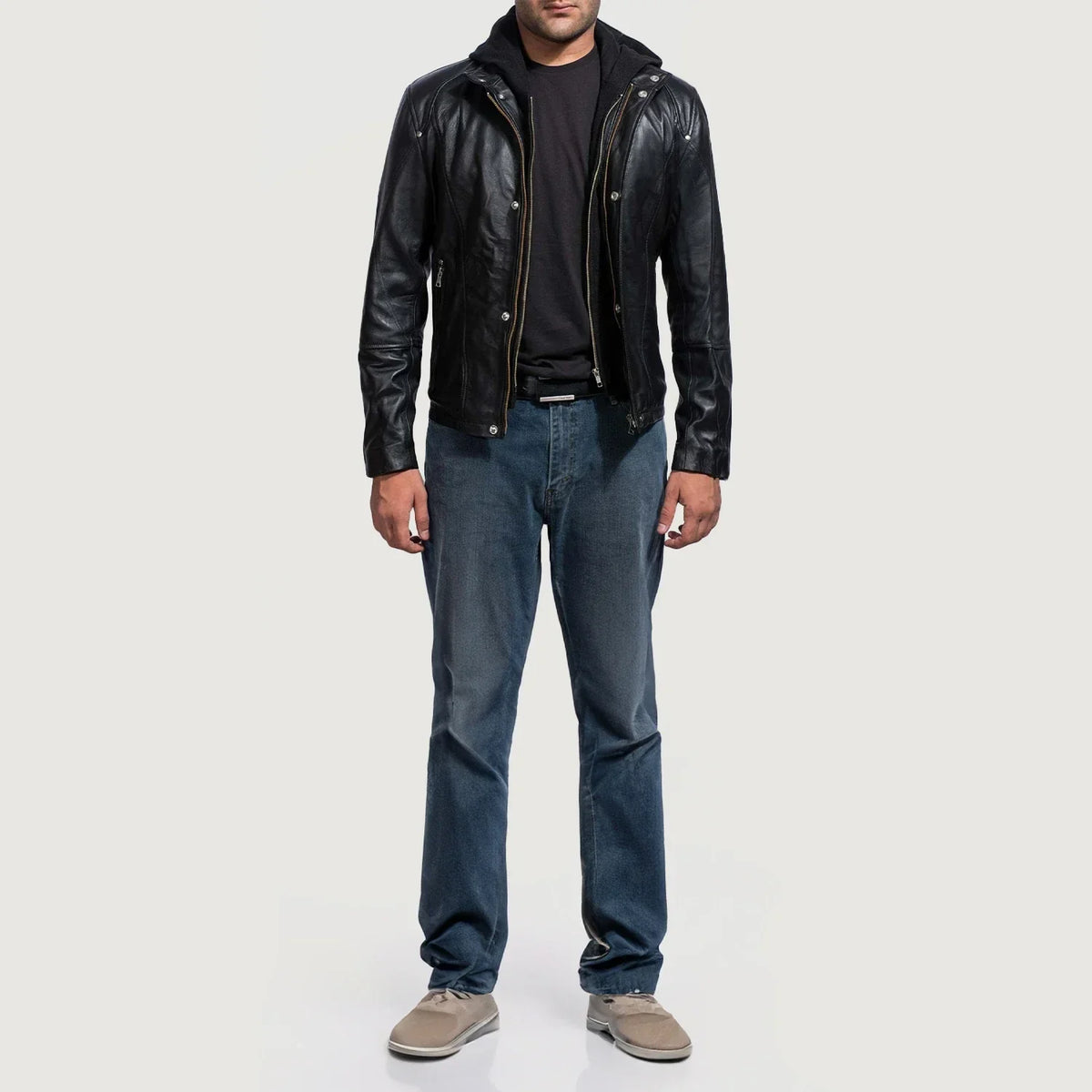 Men's Highschool Black Leather Jacket - Lateral Side Profile View Showing Sleeve Cut &amp; Athletic Taper Fit