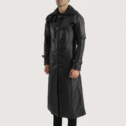 
Black. Cowhide Leather Trench Coat - Back View Showing Tailored Shoulder Fit & Clean Hemline