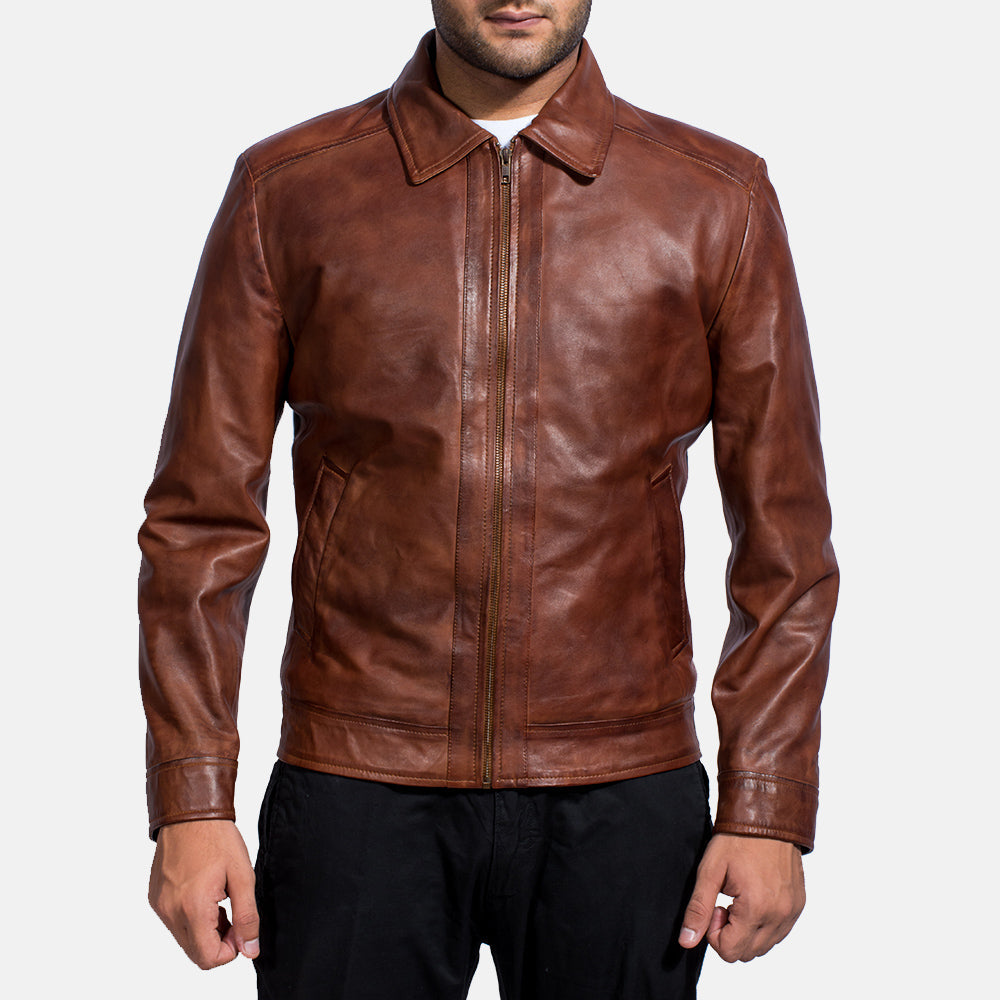 Open hem &amp; Hem Craftsmanship Construction Detail on Men's Inferno Brown Leather Jacket