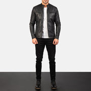 Men's Ionic Black Leather Jacket - Lateral Side Profile View Showing Sleeve Cut &amp; Athletic Taper Fit