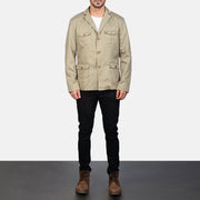 
Kajetan Beige Safari Jacket - Lateral Side Profile View Showing Sleeve Cut & Athletic Taper Fit