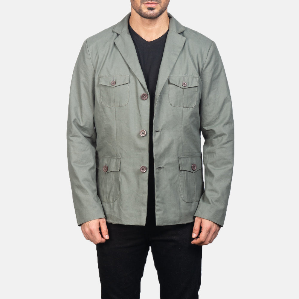 Kajetan Grey Safari Jacket in Grey Poly-Cotton - Front Profile View &amp; Tailored Silhouette | Buy Online