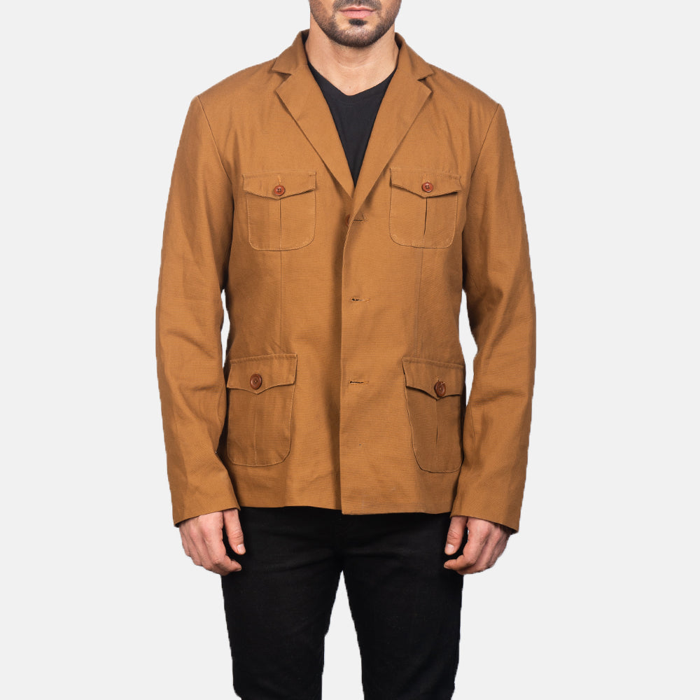 Kajetan Khaki Safari Jacket in Khaki Poly-Cotton - Front Profile View &amp; Tailored Silhouette | Buy Online
