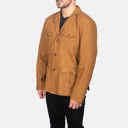 Khaki Poly-Cotton Leather Blazer - Back View Showing Tailored Shoulder Fit &amp; Clean Hemline