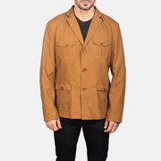 Close-Up Detail of Notch &amp; Button Hardware on Kajetan Khaki Safari Jacket