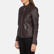 
Styled Fit Perspective of Women's Kelsee Navy Blue Suede Biker Jacket on Model - Natural Daylight Drape