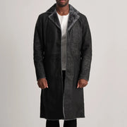 
Kolby Distressed Black Shearling Long Coat in Distressed Black Sheepskin Snuffed - Front Profile View & Tailored Silhouette | Buy Online